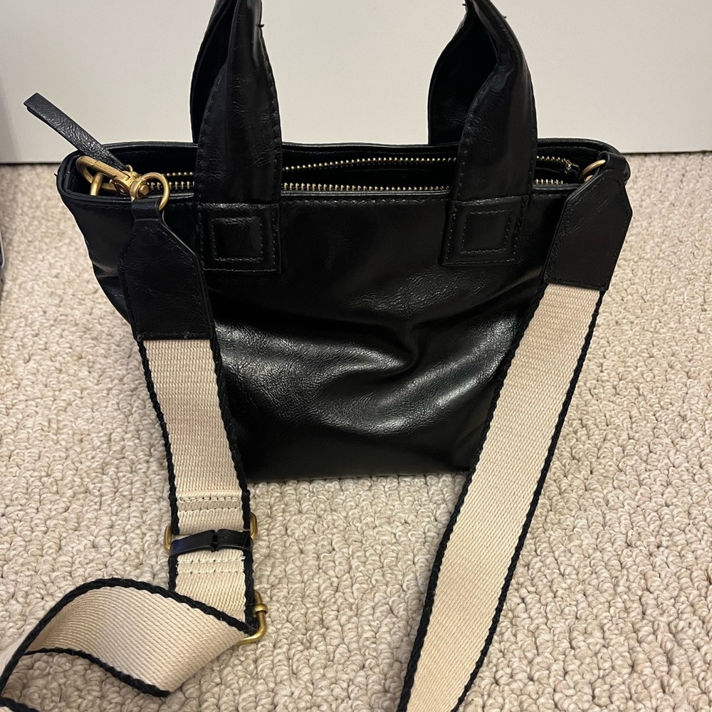 Black Leather Tote Bag with Beige Strap